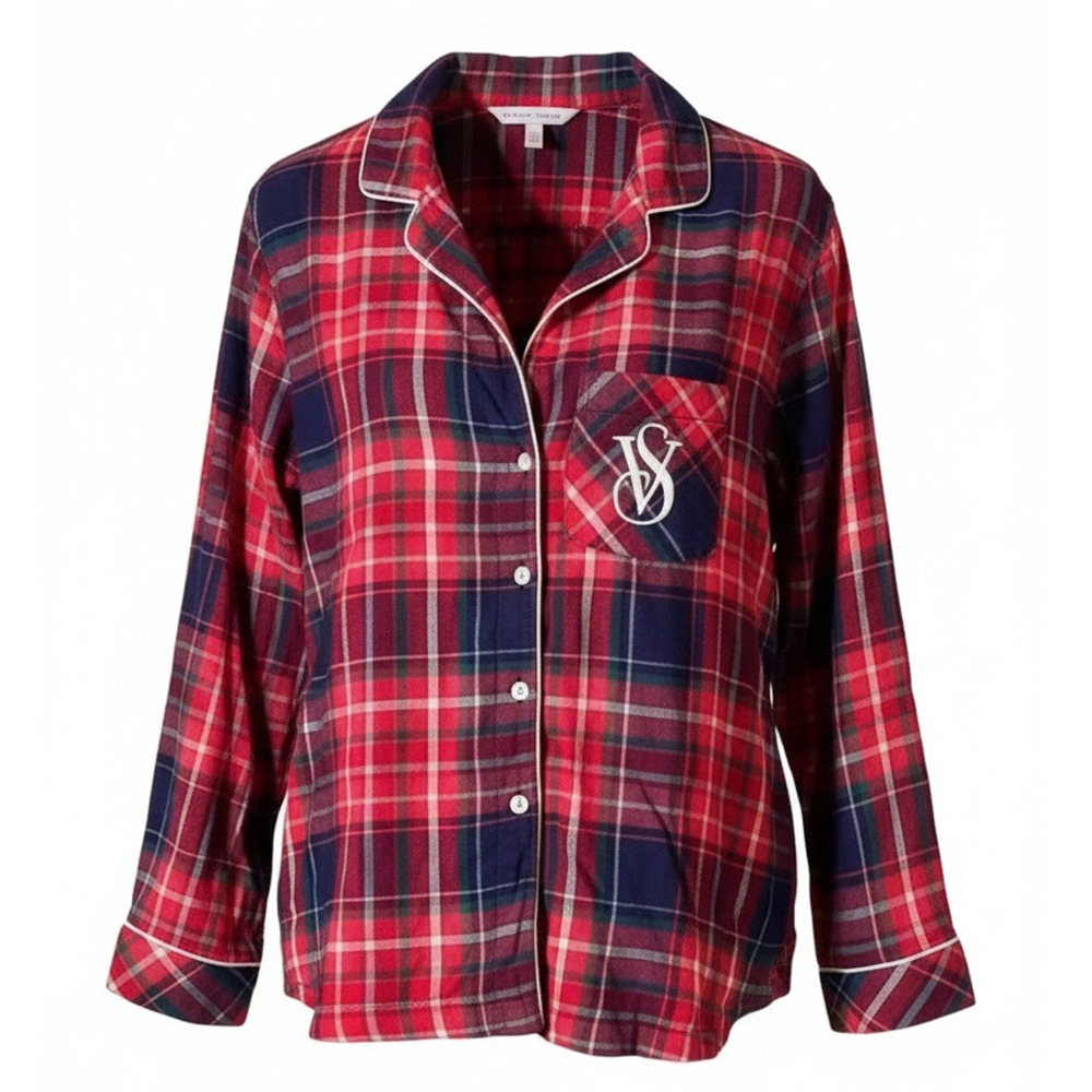 Victoria's Secret Pajama Top Womens XS Red Navy Plaid Flannel Button Front‎
